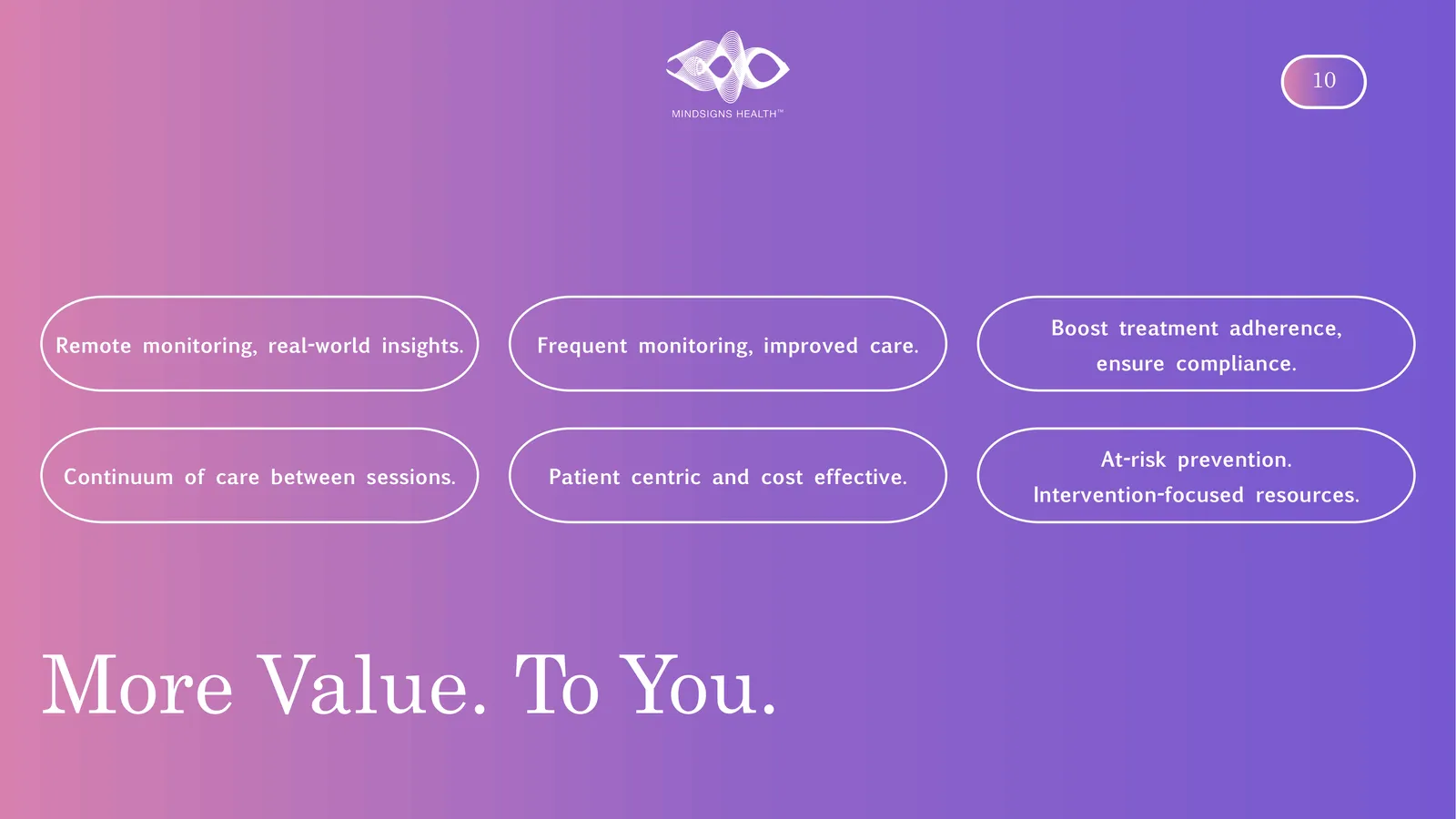 Remote monitoring, real-world insights. Continuum of care between sessions. Frequent monitoring, improved care. Patient centric and cost effective. More Value. To You. Boost treatment adherence, ensure compliance. At-risk prevention. Intervention-focused resources.